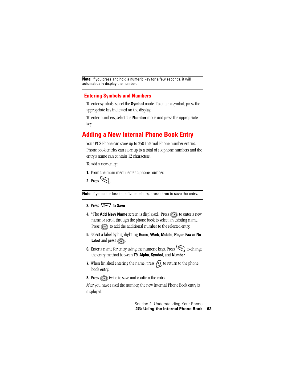 Entering symbols and numbers, Adding a new internal phone book entry | Samsung SPH-N400 User Manual | Page 63 / 131