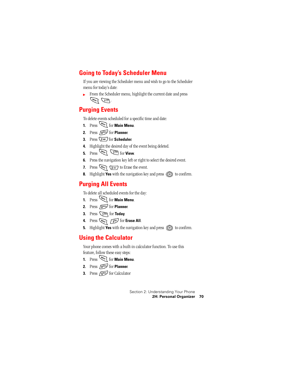 Going to today’s scheduler menu, Purging events, Purging all events | Using the calculator | Samsung SPH-N400 User Manual | Page 71 / 131