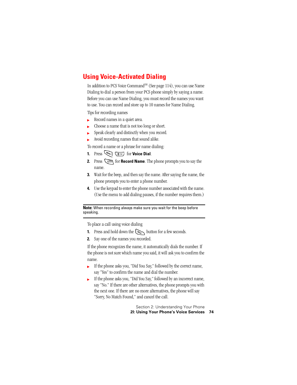 Using voice-activated dialing | Samsung SPH-N400 User Manual | Page 75 / 131