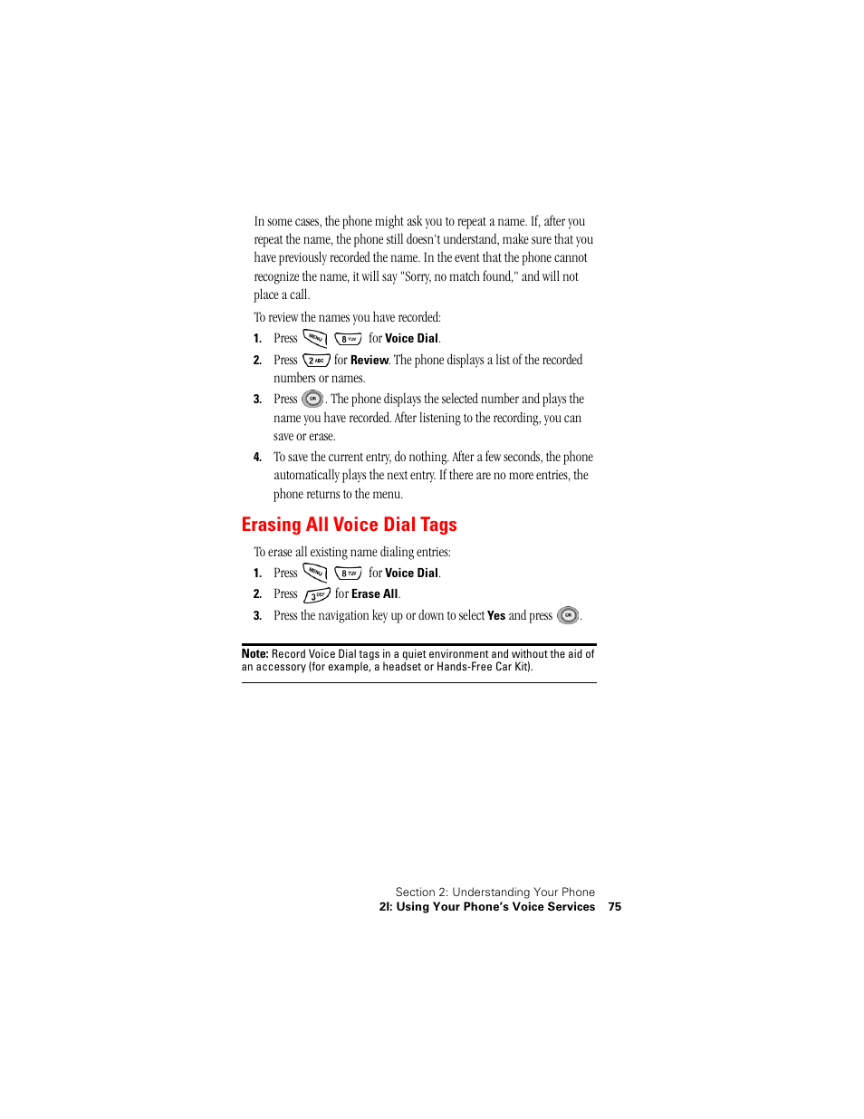Erasing all voice dial tags | Samsung SPH-N400 User Manual | Page 76 / 131