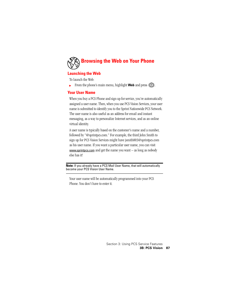 Browsing the web on your phone, Launching the web, Your user name | Samsung SPH-N400 User Manual | Page 88 / 131