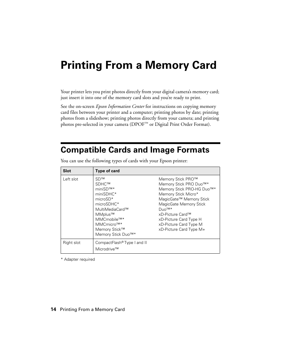 Printing from a memory card, Compatible cards and image formats | Stoelting Futura 112 User Manual | Page 14 / 52