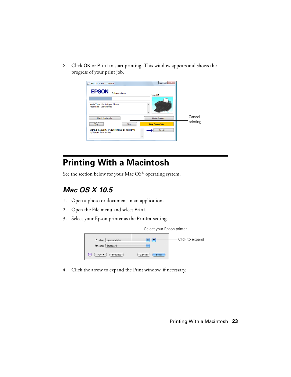 Printing with a macintosh, Mac os x 10.5 | Stoelting Futura 112 User Manual | Page 23 / 52