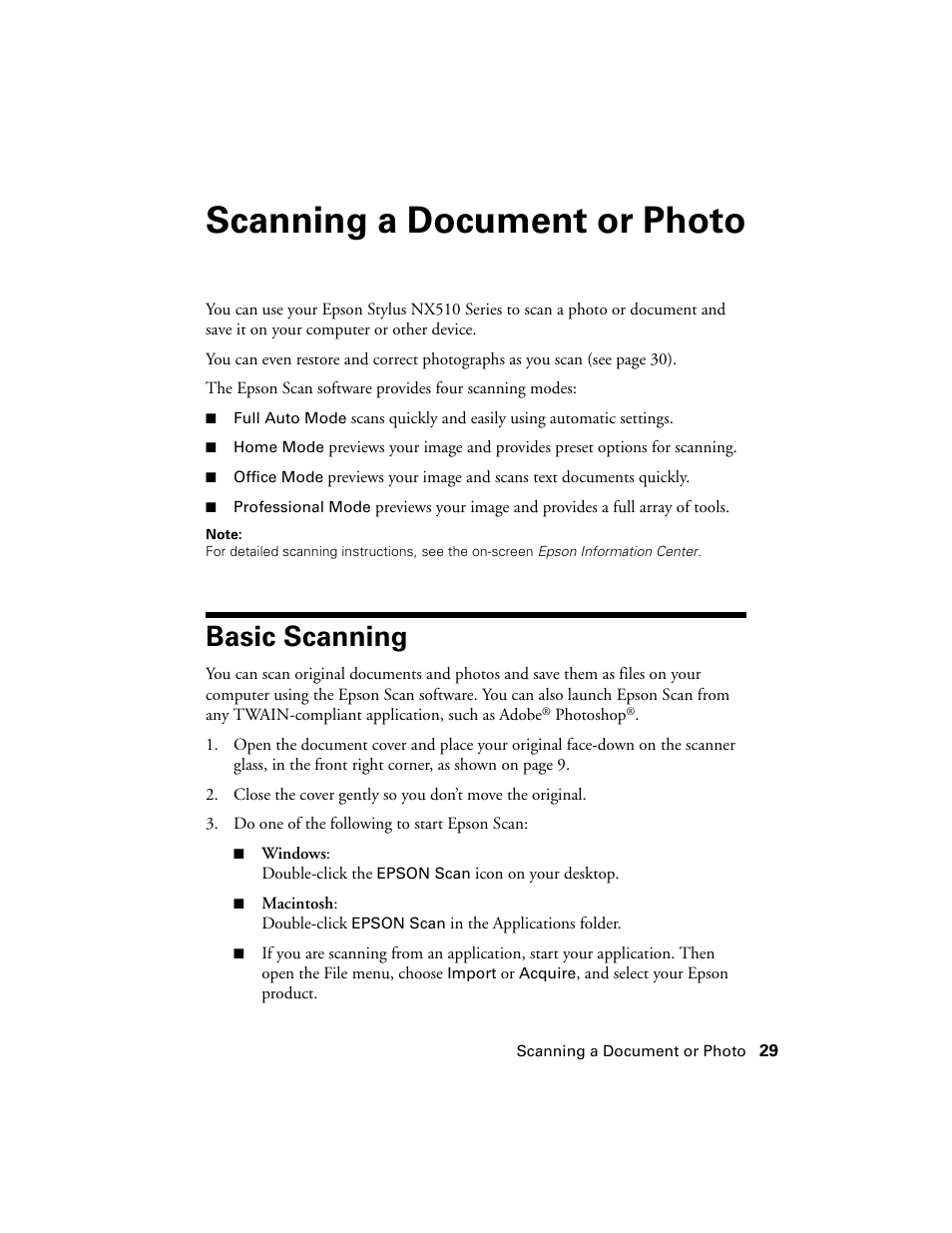 Basic scanning, Scanning a document or photo | Stoelting Futura 112 User Manual | Page 29 / 52