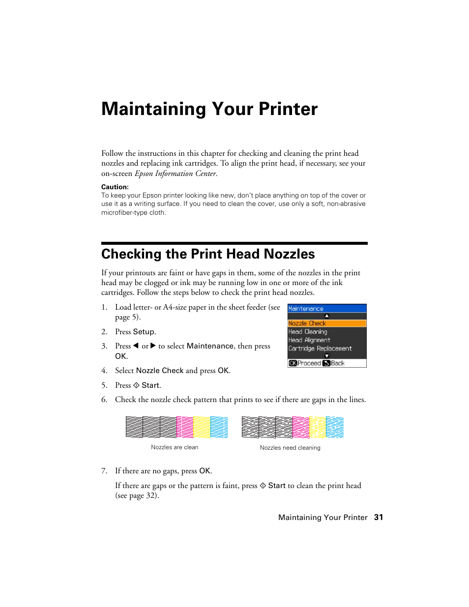 Maintaining your printer, Checking the print head nozzles | Stoelting Futura 112 User Manual | Page 31 / 52