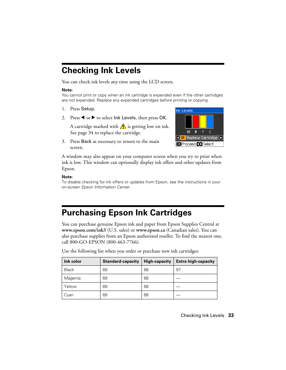 Checking ink levels, Purchasing epson ink cartridges | Stoelting Futura 112 User Manual | Page 33 / 52