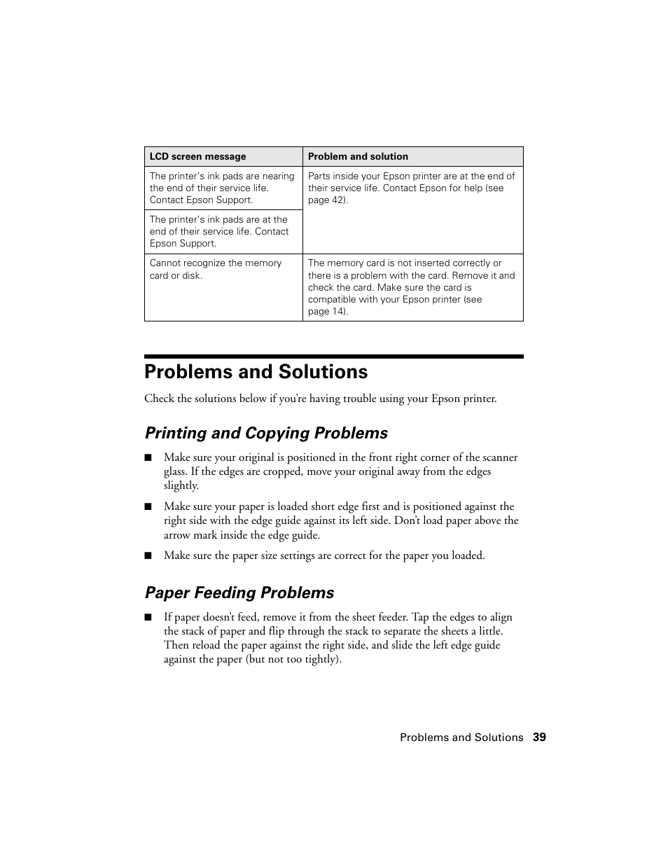 Problems and solutions, Printing and copying problems, Paper feeding problems | Stoelting Futura 112 User Manual | Page 39 / 52