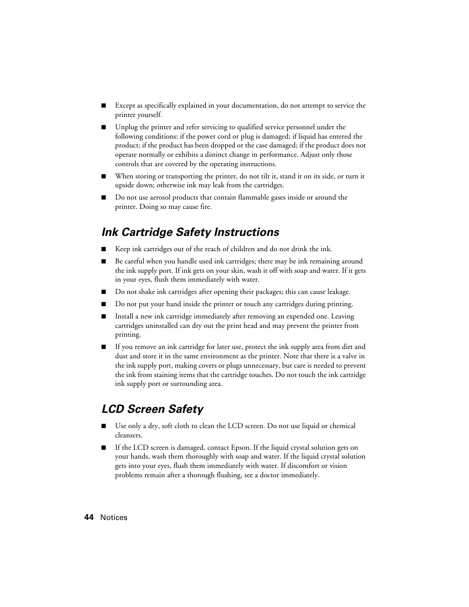 Ink cartridge safety instructions, Lcd screen safety | Stoelting Futura 112 User Manual | Page 44 / 52