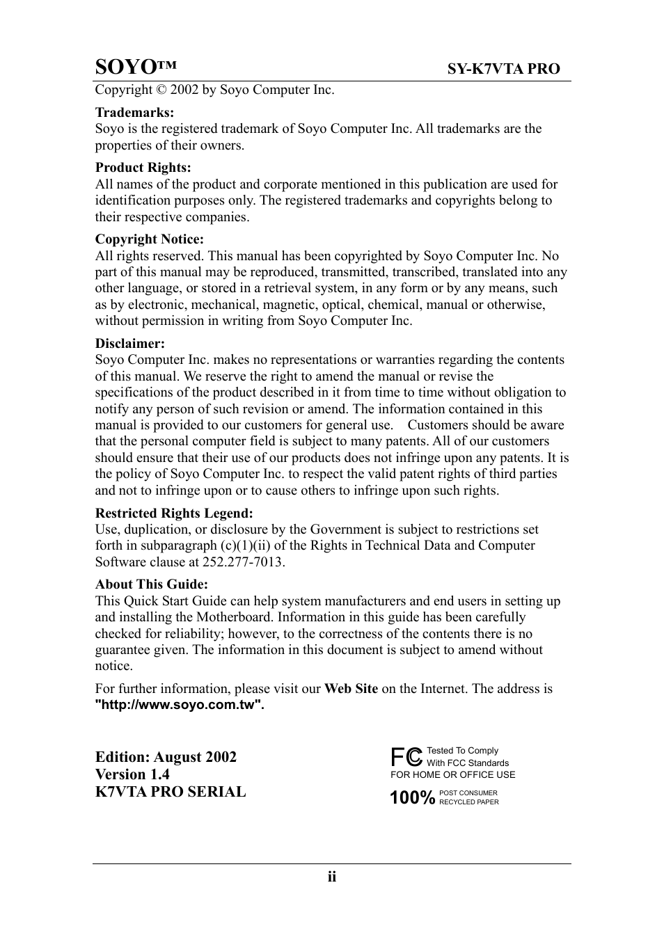 Soyo | SOYO SY-K7VTA PRO User Manual | Page 2 / 98