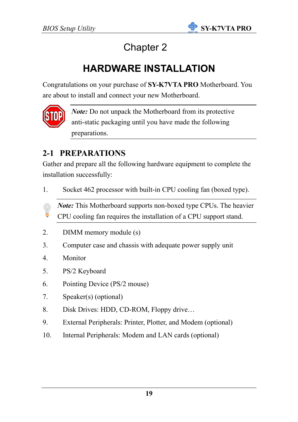 Chapter 2, Hardware installation, 1 preparations | SOYO SY-K7VTA PRO User Manual | Page 23 / 98