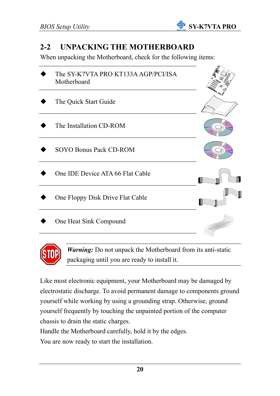 2 unpacking the motherboard | SOYO SY-K7VTA PRO User Manual | Page 24 / 98