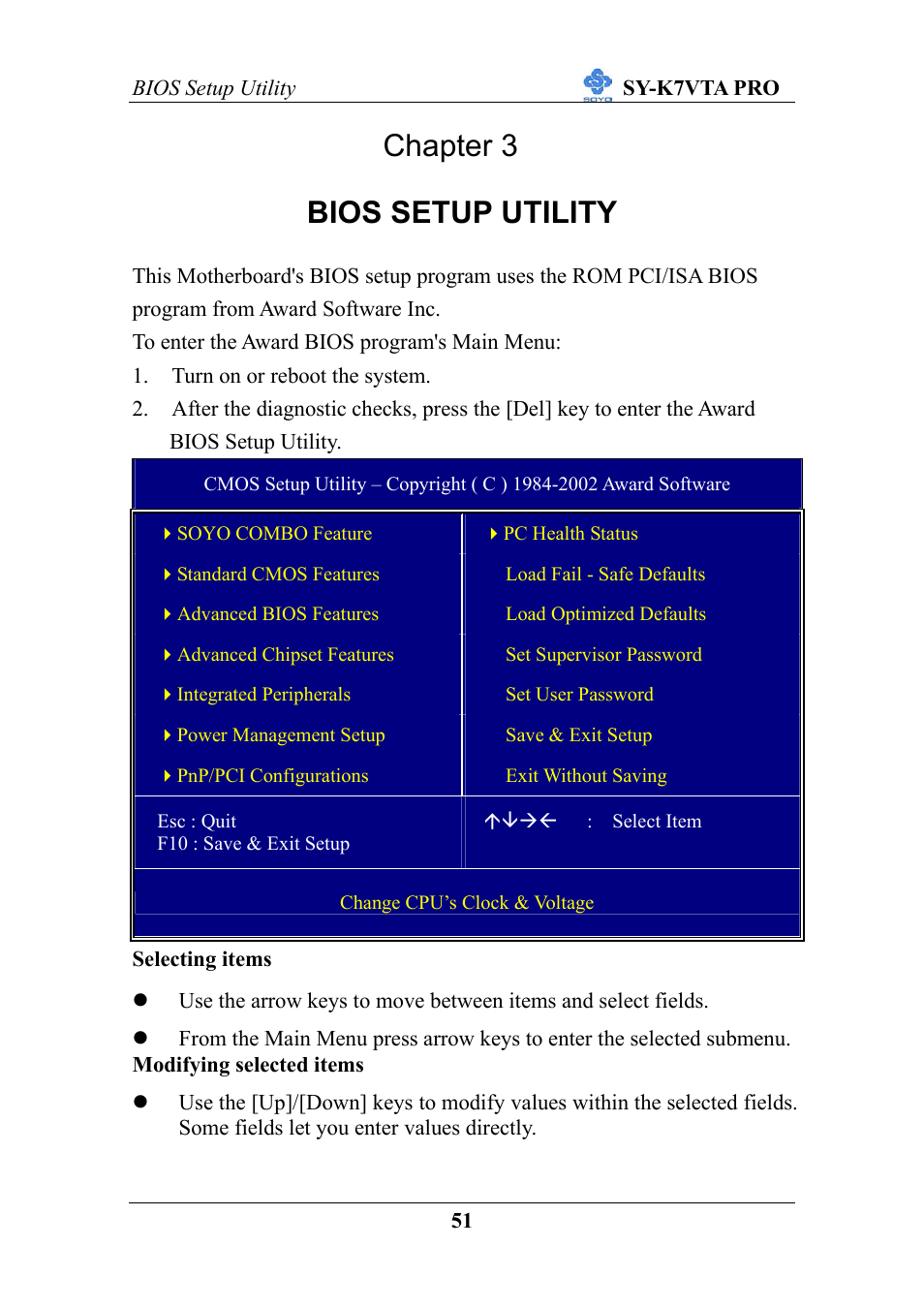 Chapter 3 bios setup utility | SOYO SY-K7VTA PRO User Manual | Page 55 / 98