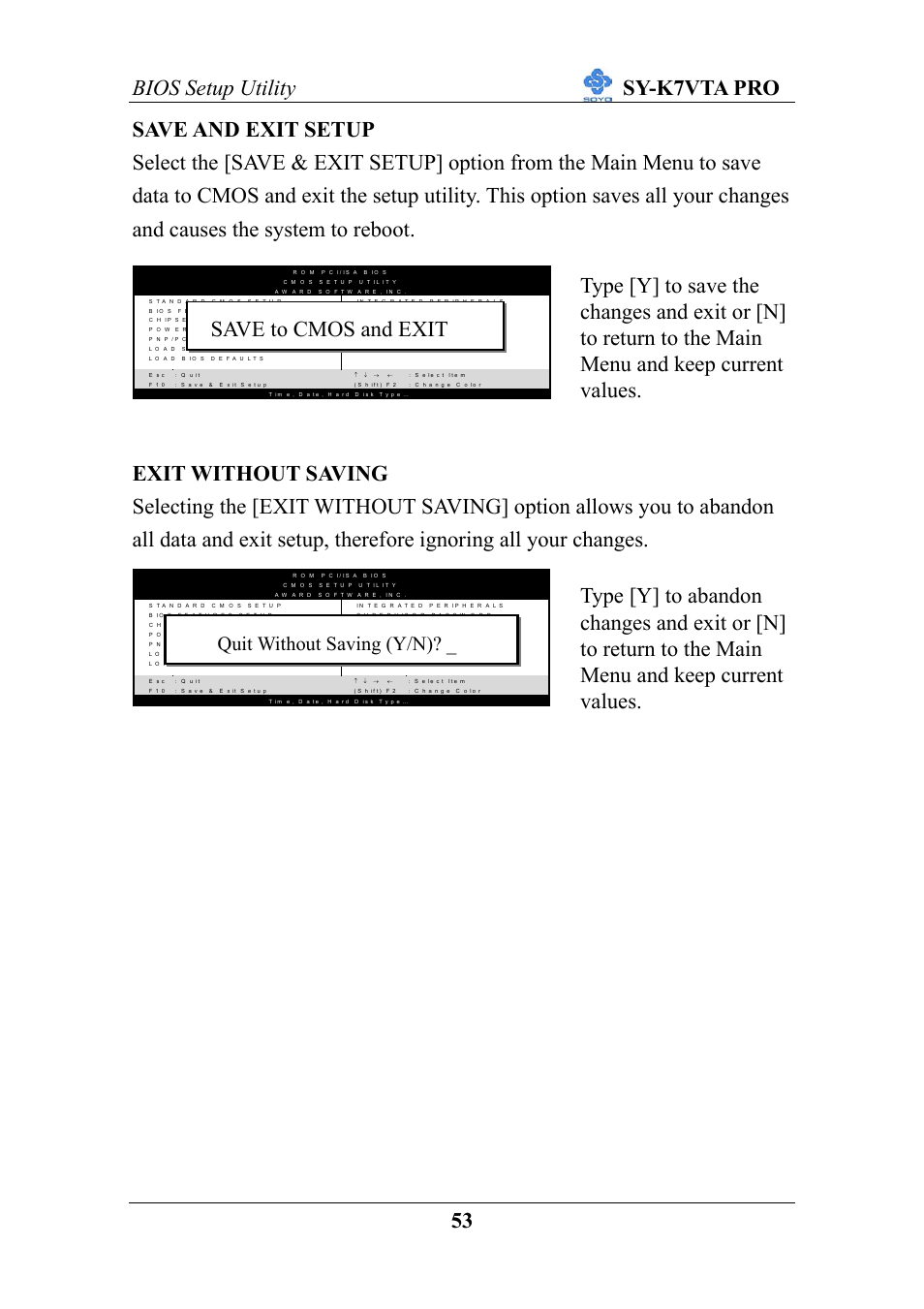 Save to cmos and exit, Quit without saving (y/n) | SOYO SY-K7VTA PRO User Manual | Page 57 / 98