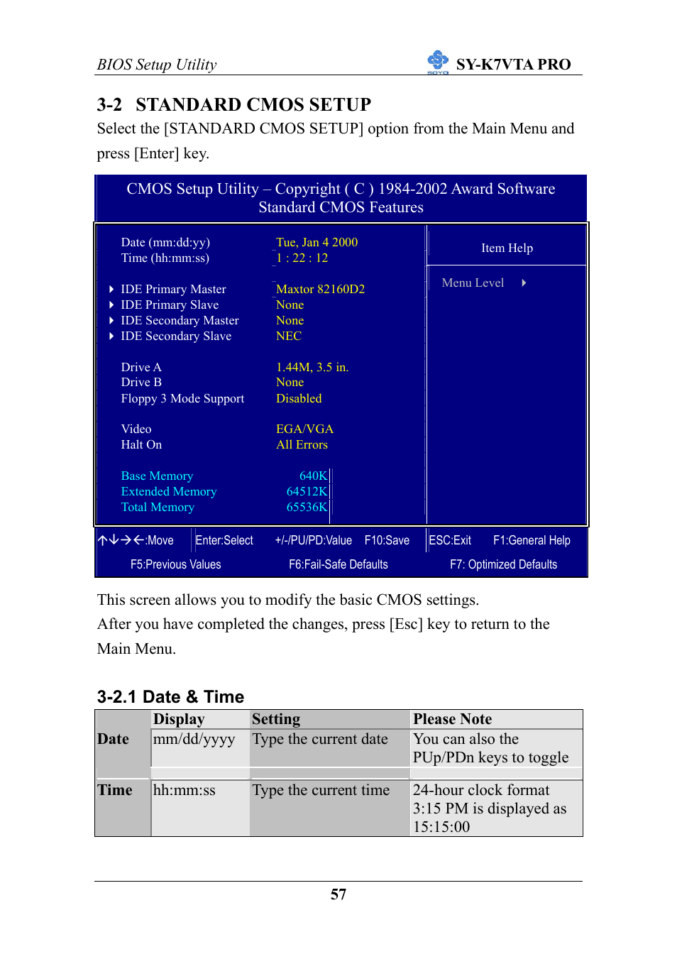 2 standard cmos setup, 2.1 date & time | SOYO SY-K7VTA PRO User Manual | Page 61 / 98