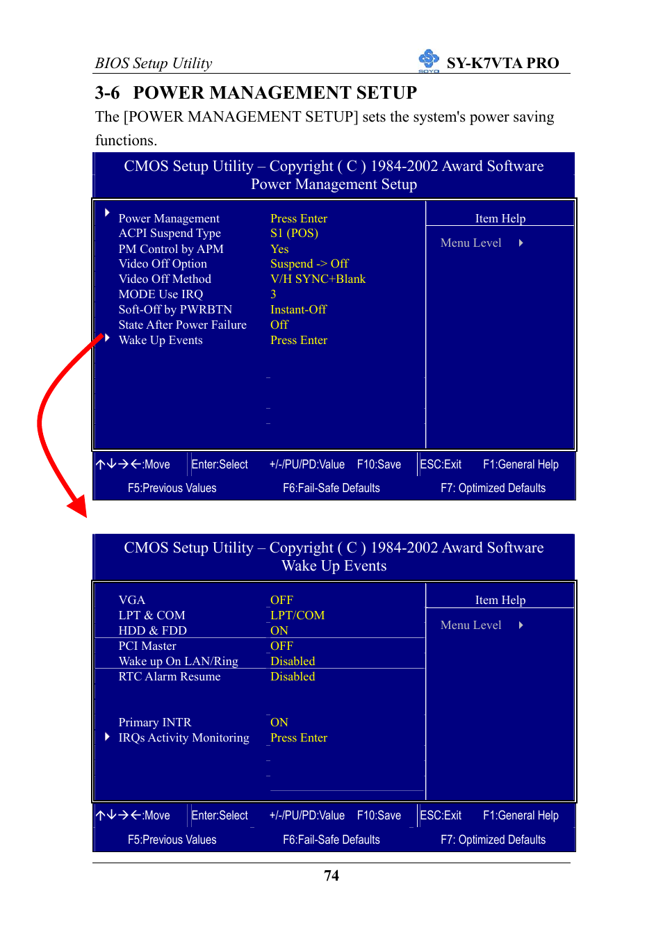 6 power management setup, Bios setup utility sy-k7vta pro 74 | SOYO SY-K7VTA PRO User Manual | Page 78 / 98