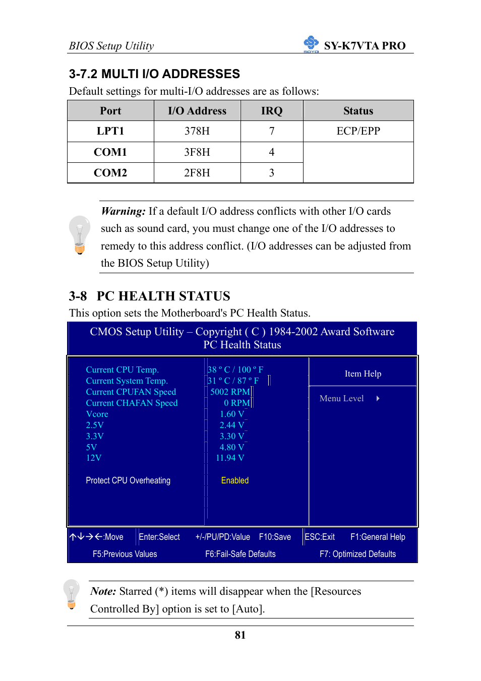 8 pc health status, 7.2 multi i/o addresses | SOYO SY-K7VTA PRO User Manual | Page 85 / 98