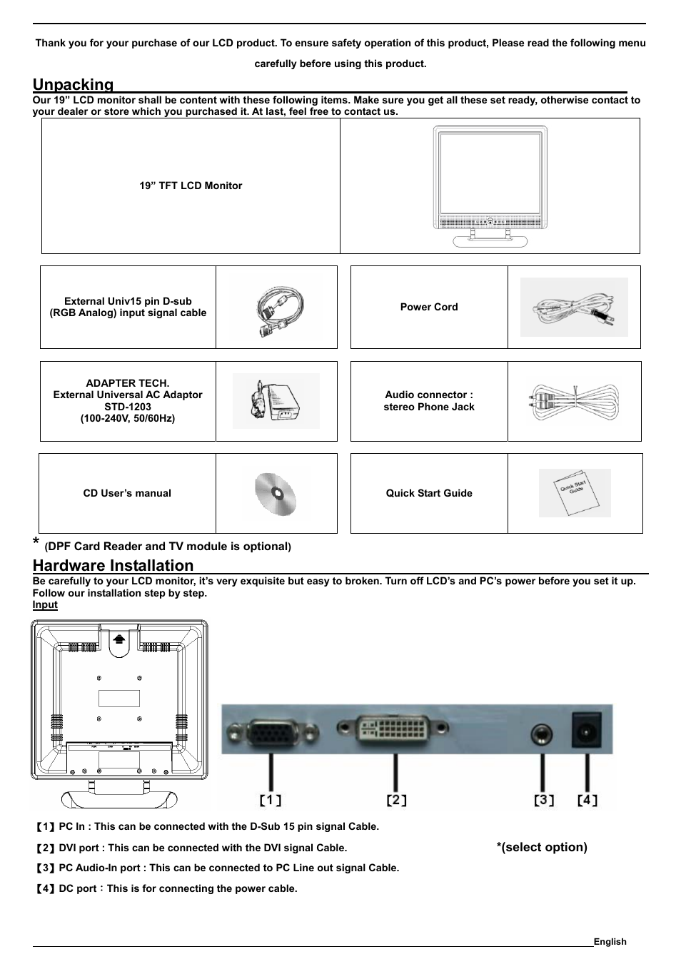 Unpacking, Hardware installation | SOYO M19GS User Manual | Page 4 / 10