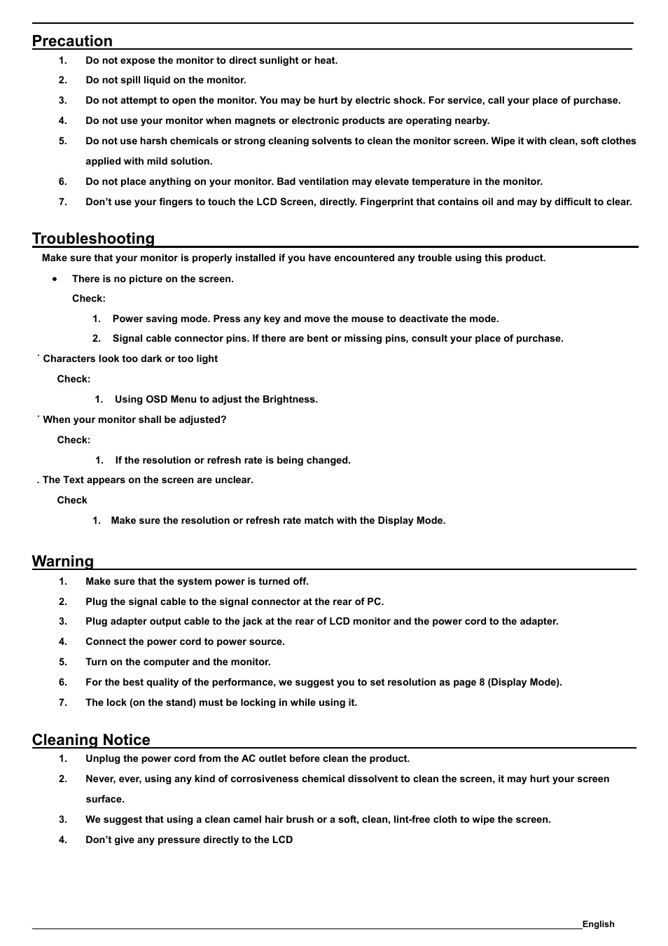 Precaution, Troubleshooting, Warning | Cleaning notice | SOYO M19GS User Manual | Page 5 / 10