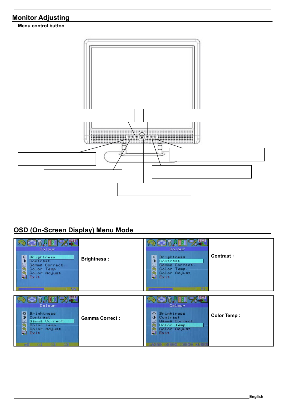 Monitor adjusting, Osd (on-screen display) menu mode | SOYO M19GS User Manual | Page 6 / 10