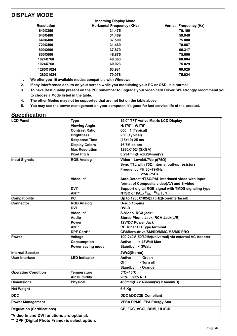 Display mode, Specification | SOYO M19GS User Manual | Page 9 / 10