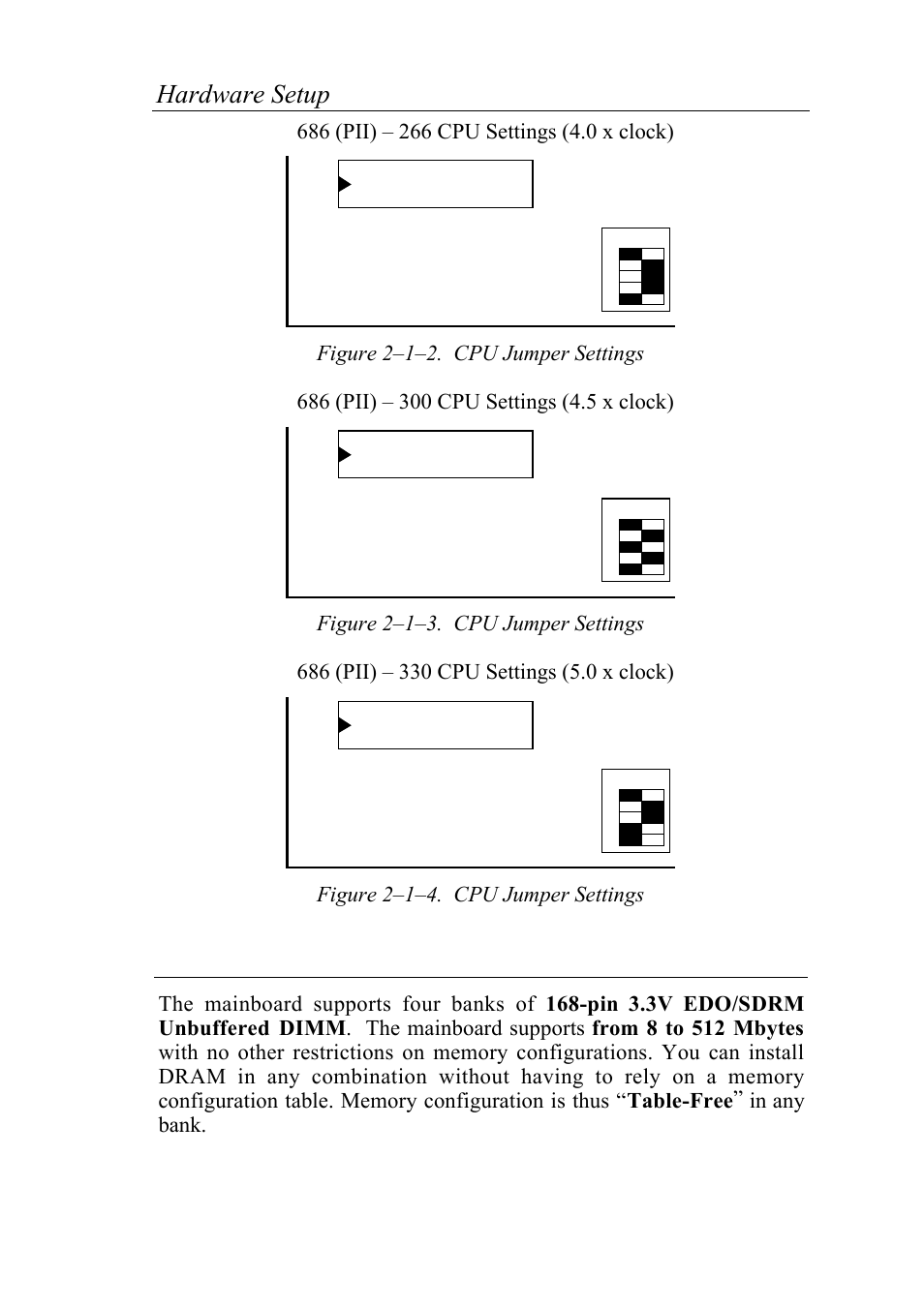 Hardware setup 7, Flash bios sw1, Figure 2р1р4. cpu jumper settings | SOYO 6KB82440 User Manual | Page 11 / 46