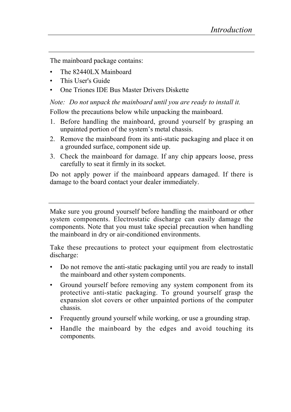 Unpacking the mainboard, Electrostatic discharge precautions, 2introduction | SOYO 6KB82440 User Manual | Page 6 / 46