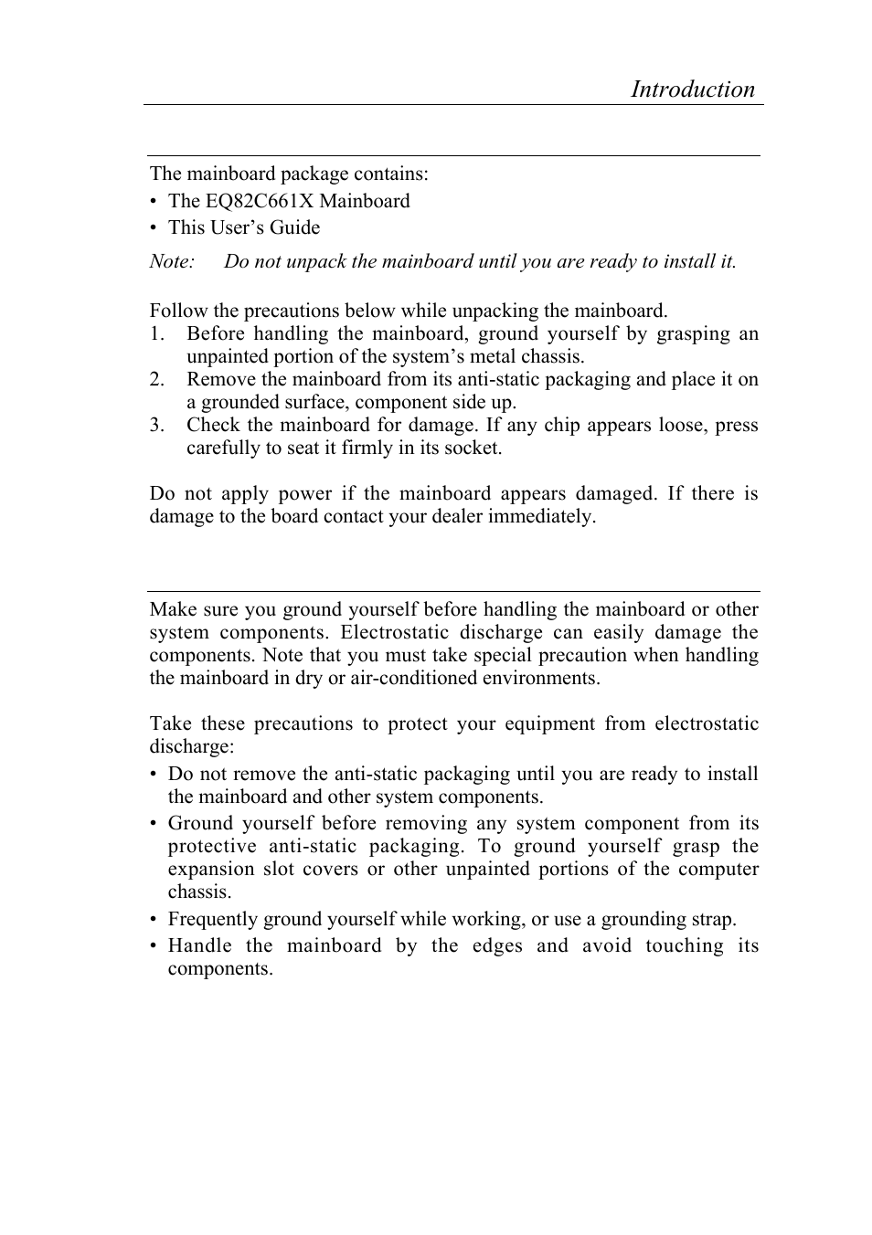 Unpacking the mainboard, Electrostatic discharge precautions, 2introduction | SOYO 5EAS5 P55C User Manual | Page 6 / 43