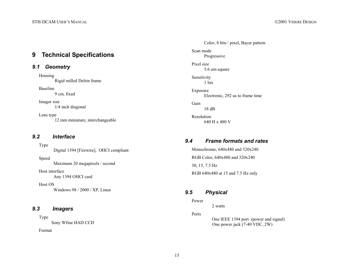 Technical specifications, Geometry, Interface | Imagers, Frame formats and rates, Physical, 9 technical specifications | SOYO STH-DCAM User Manual | Page 15 / 17