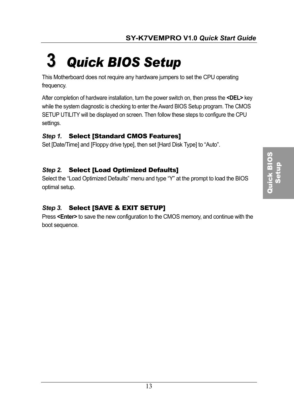 Quick bios setup | SOYO SY-K7VEMPRO V1.0 User Manual | Page 13 / 25