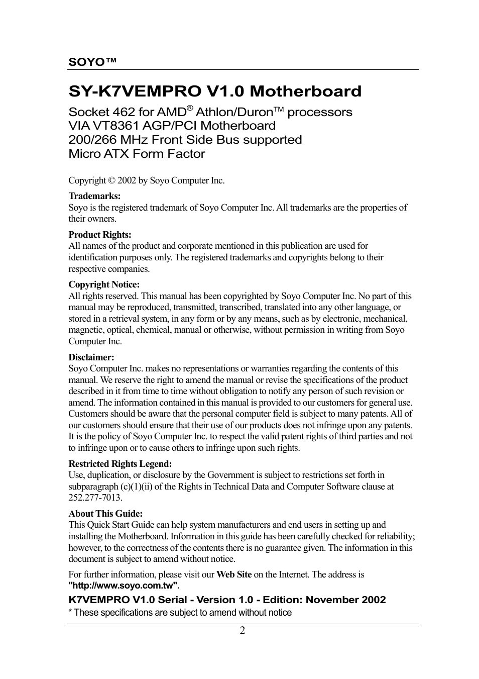 Sy-k7vempro v1.0 motherboard | SOYO SY-K7VEMPRO V1.0 User Manual | Page 2 / 25