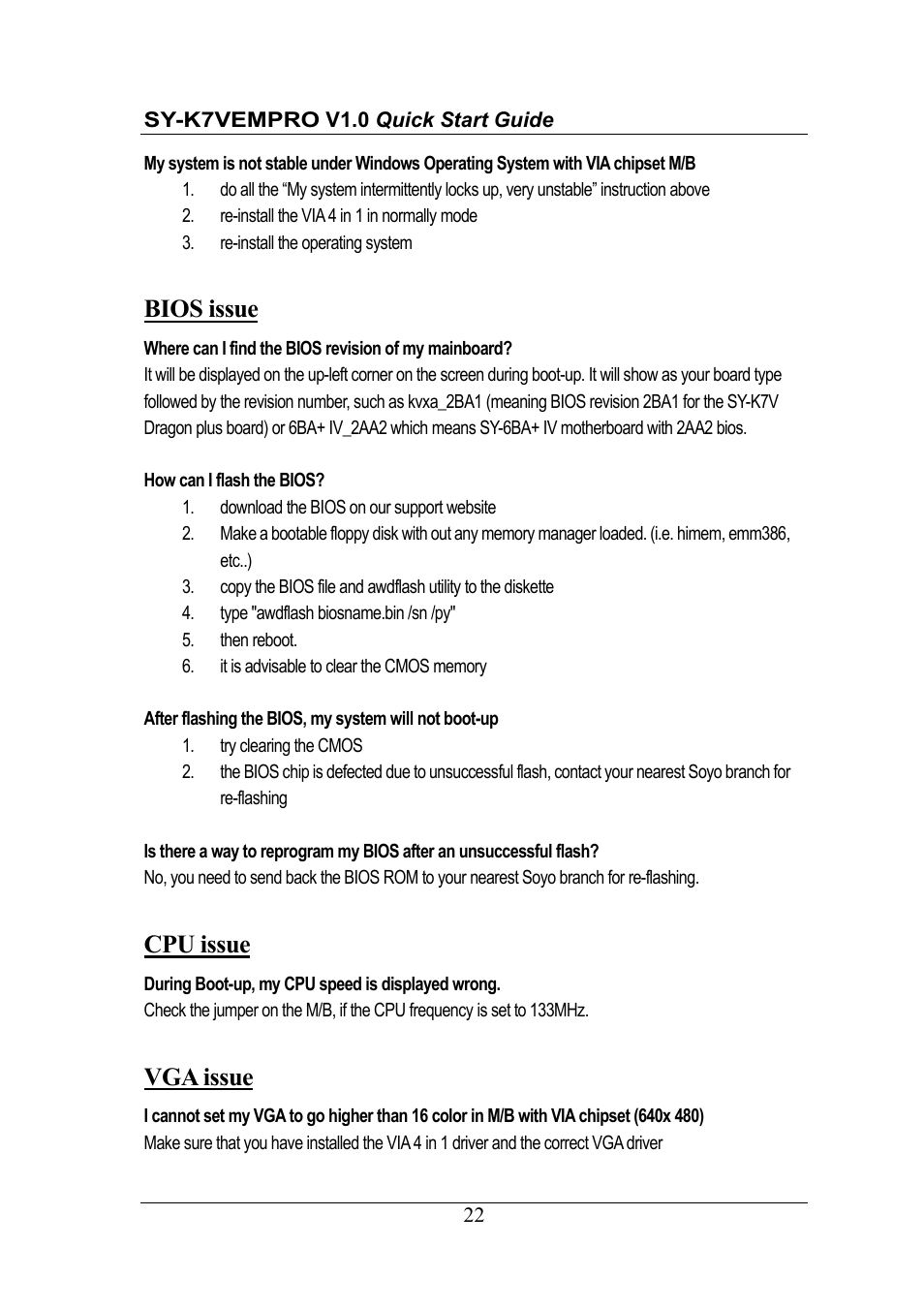 Bios issue, Cpu issue, Vga issue | SOYO SY-K7VEMPRO V1.0 User Manual | Page 22 / 25