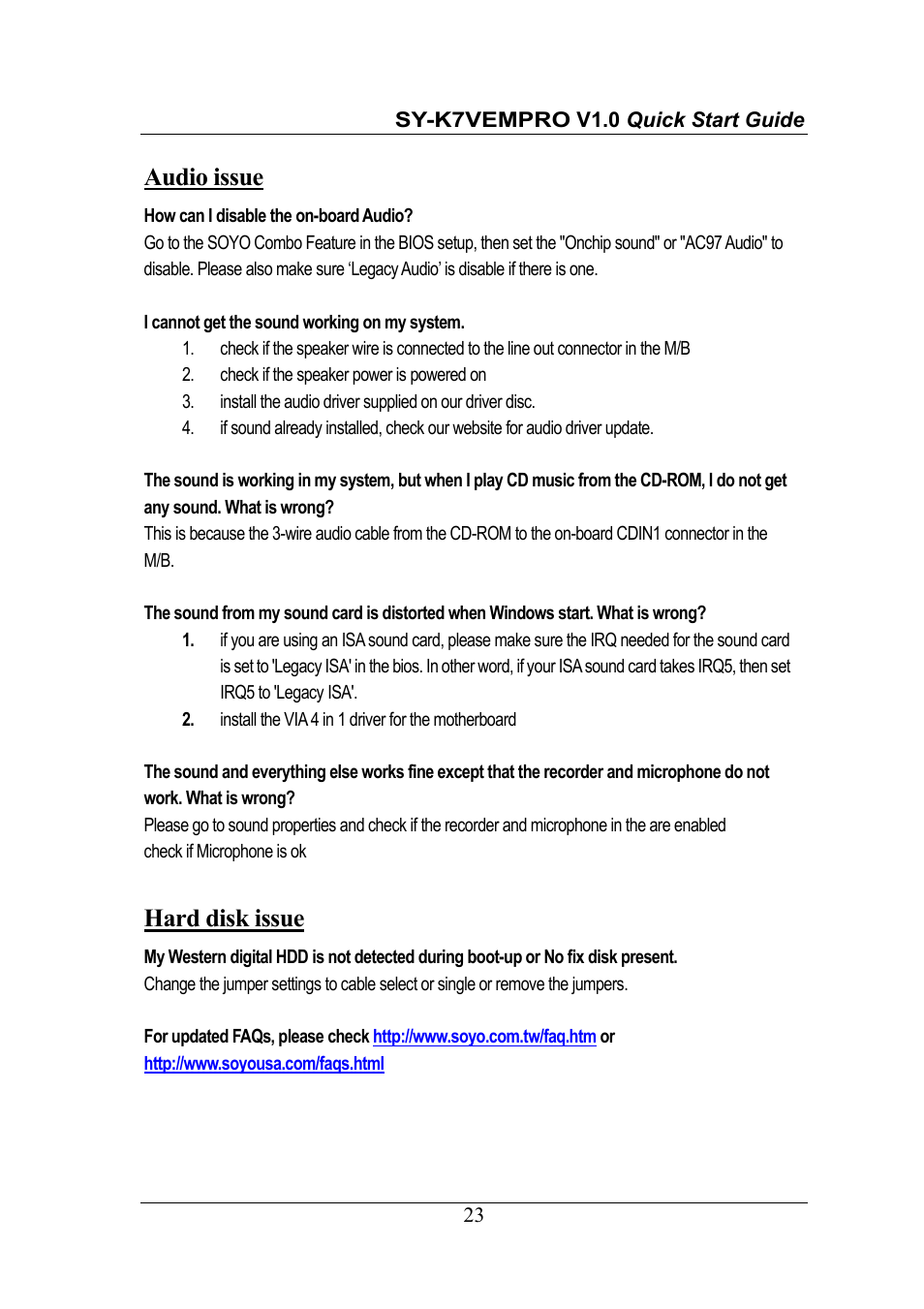 Audio issue, Hard disk issue | SOYO SY-K7VEMPRO V1.0 User Manual | Page 23 / 25