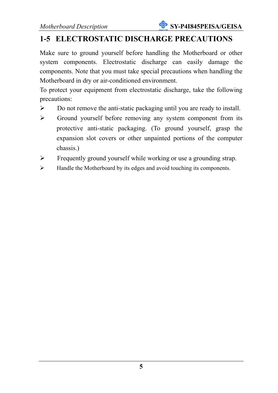 5 electrostatic discharge precautions | SOYO SY-P4I845PEISA User Manual | Page 10 / 87