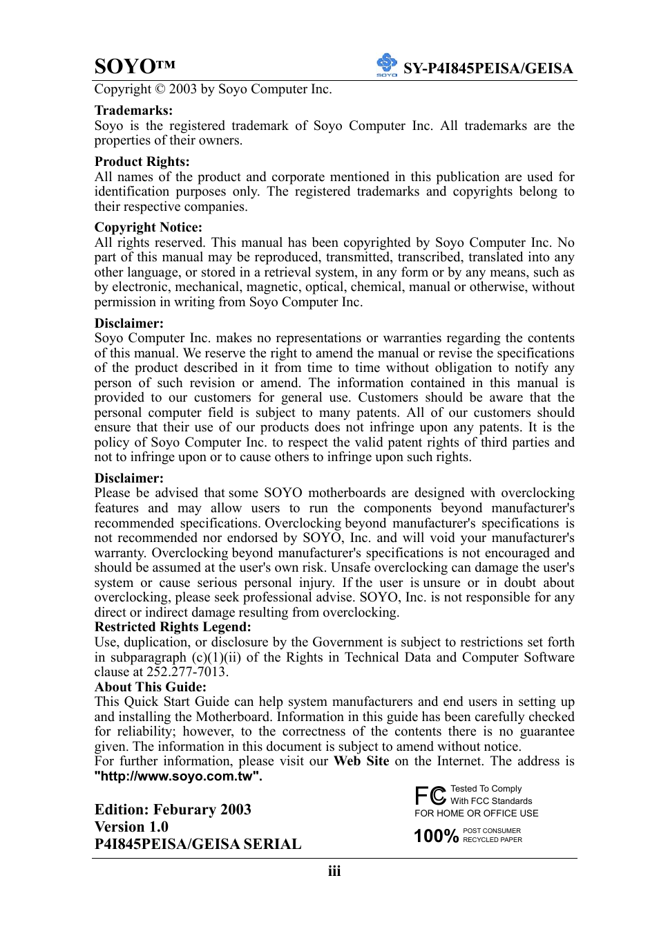 Soyo | SOYO SY-P4I845PEISA User Manual | Page 3 / 87
