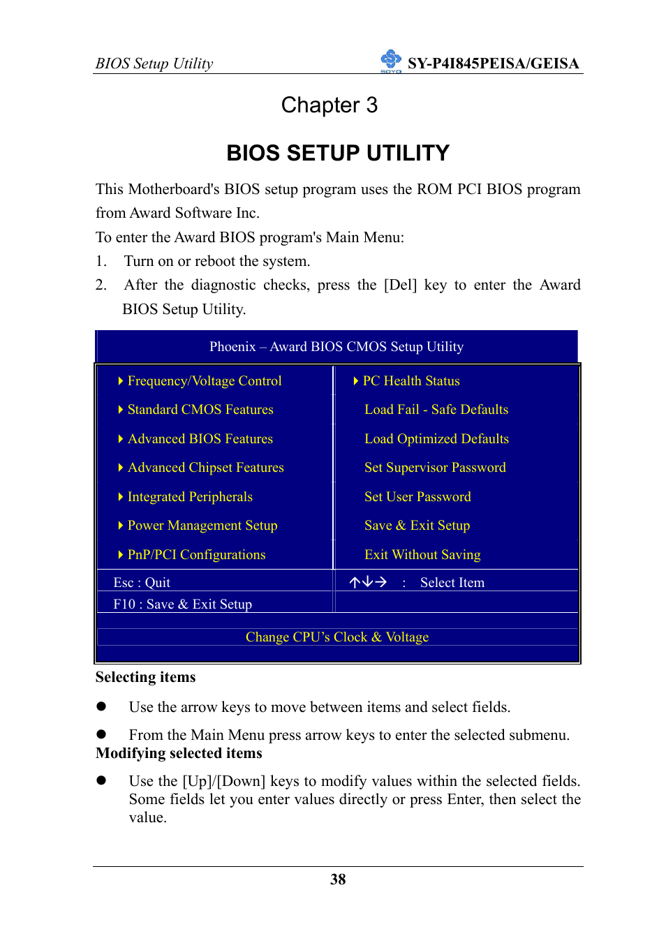 Chapter 3 bios setup utility | SOYO SY-P4I845PEISA User Manual | Page 43 / 87