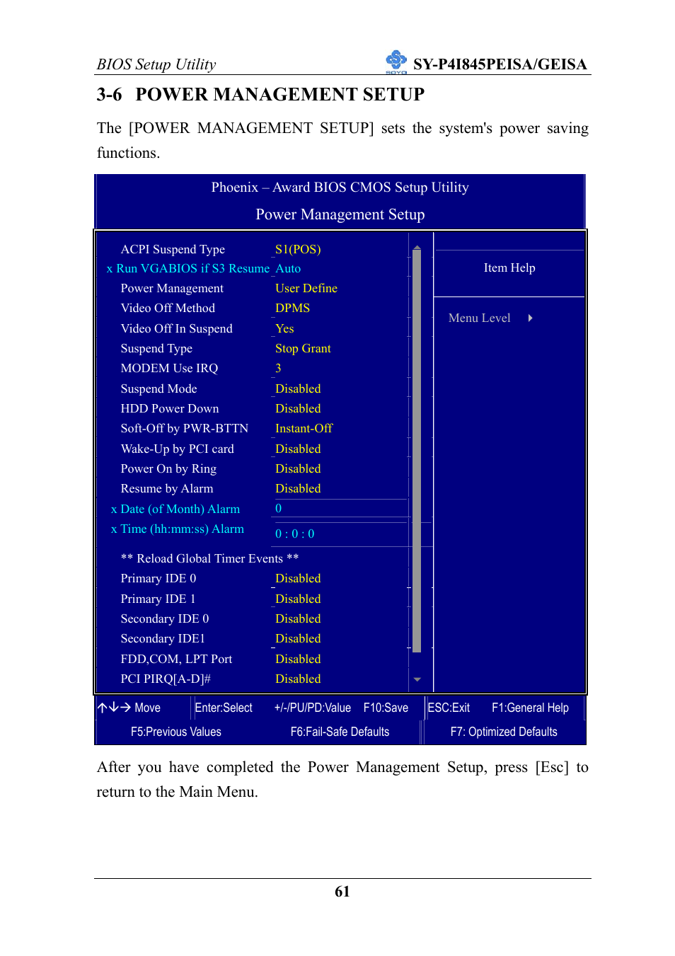 6 power management setup, Power management setup | SOYO SY-P4I845PEISA User Manual | Page 66 / 87