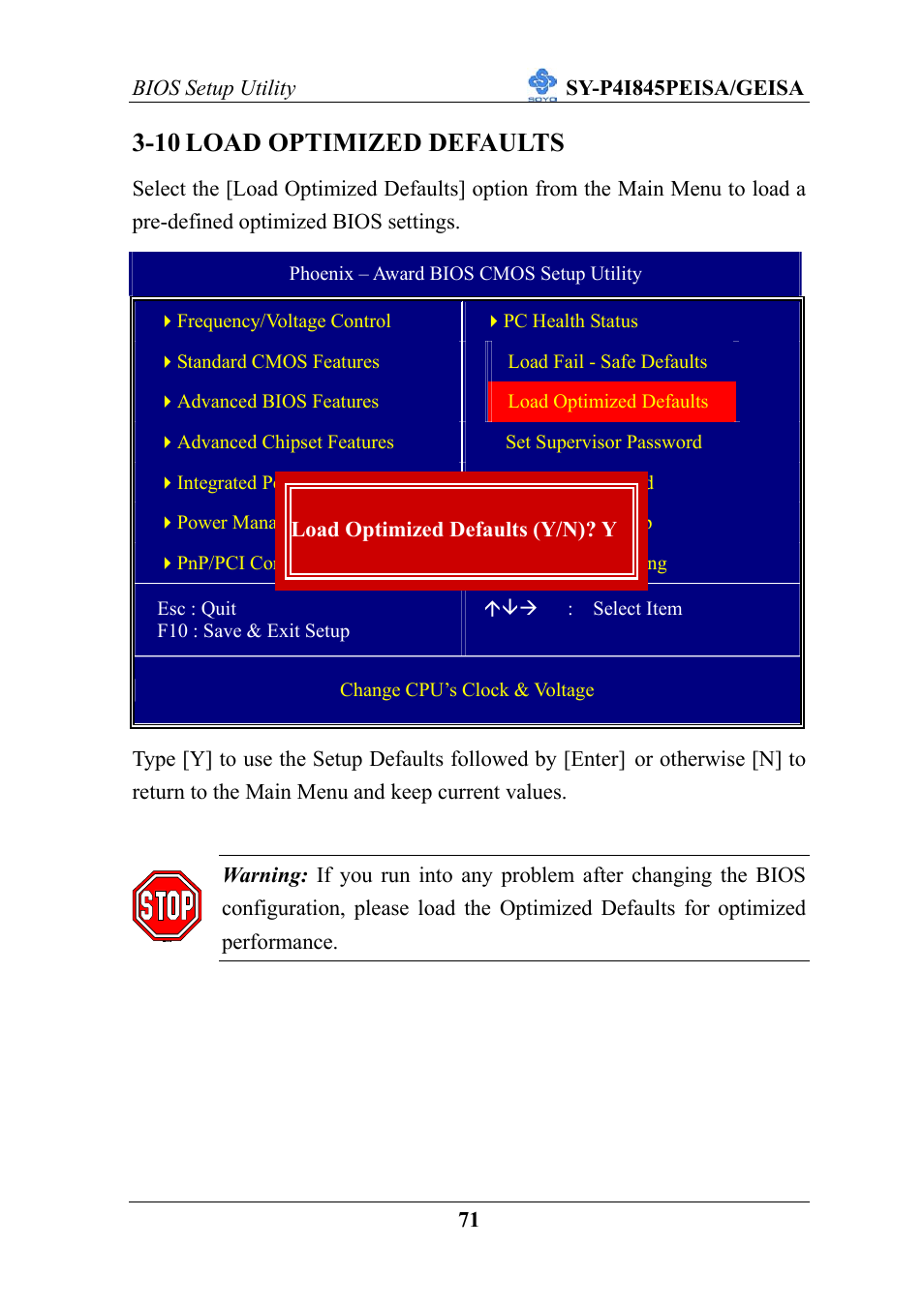 10 load optimized defaults | SOYO SY-P4I845PEISA User Manual | Page 76 / 87