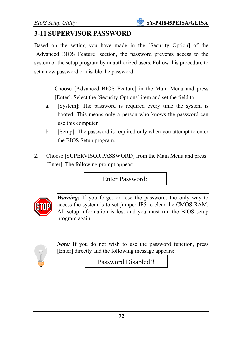 11 supervisor password, Enter password: password disabled | SOYO SY-P4I845PEISA User Manual | Page 77 / 87