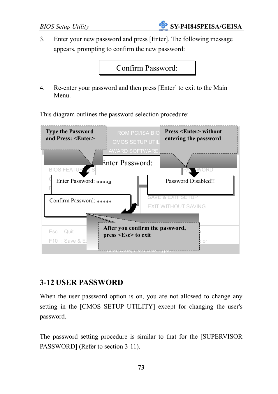 12 user password, Enter password, After you confirm the password, press | Confirm password | SOYO SY-P4I845PEISA User Manual | Page 78 / 87