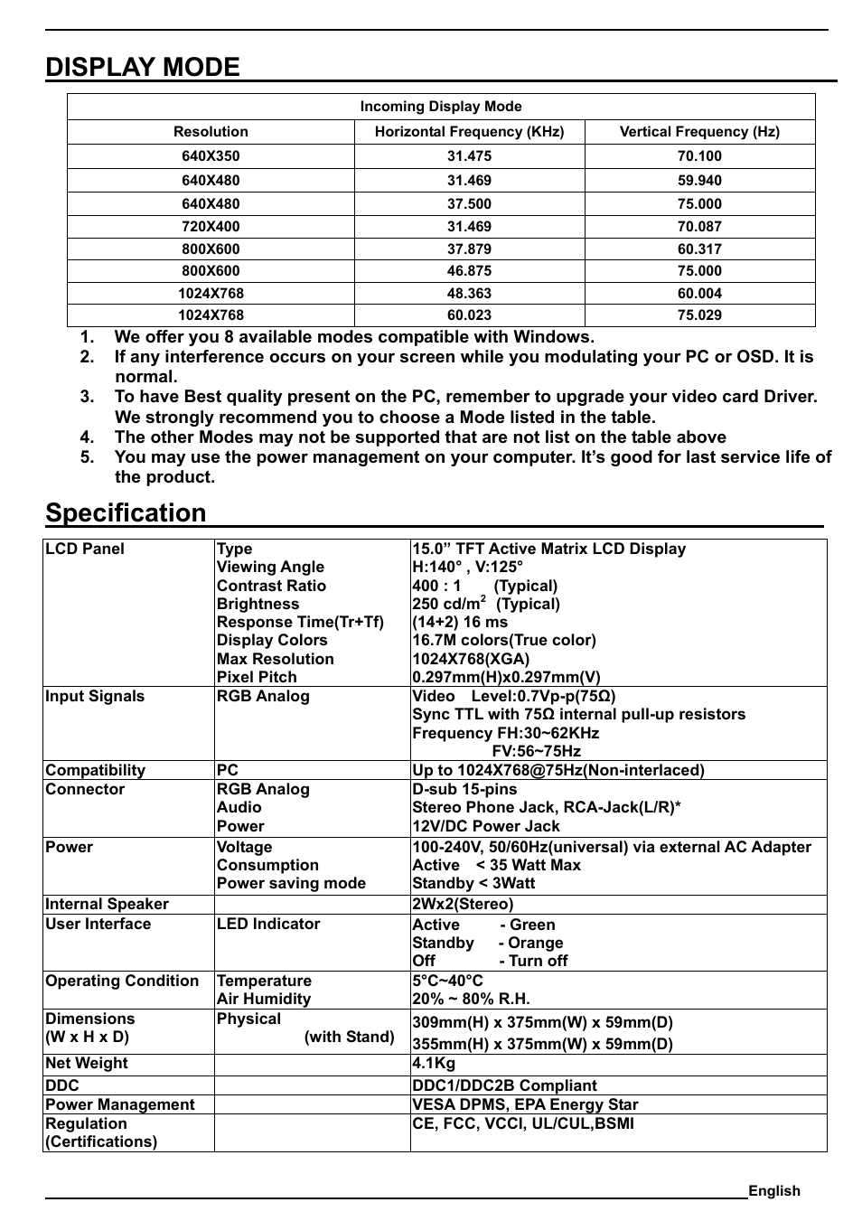 Display mode, Specification | SOYO M15ES User Manual | Page 12 / 12