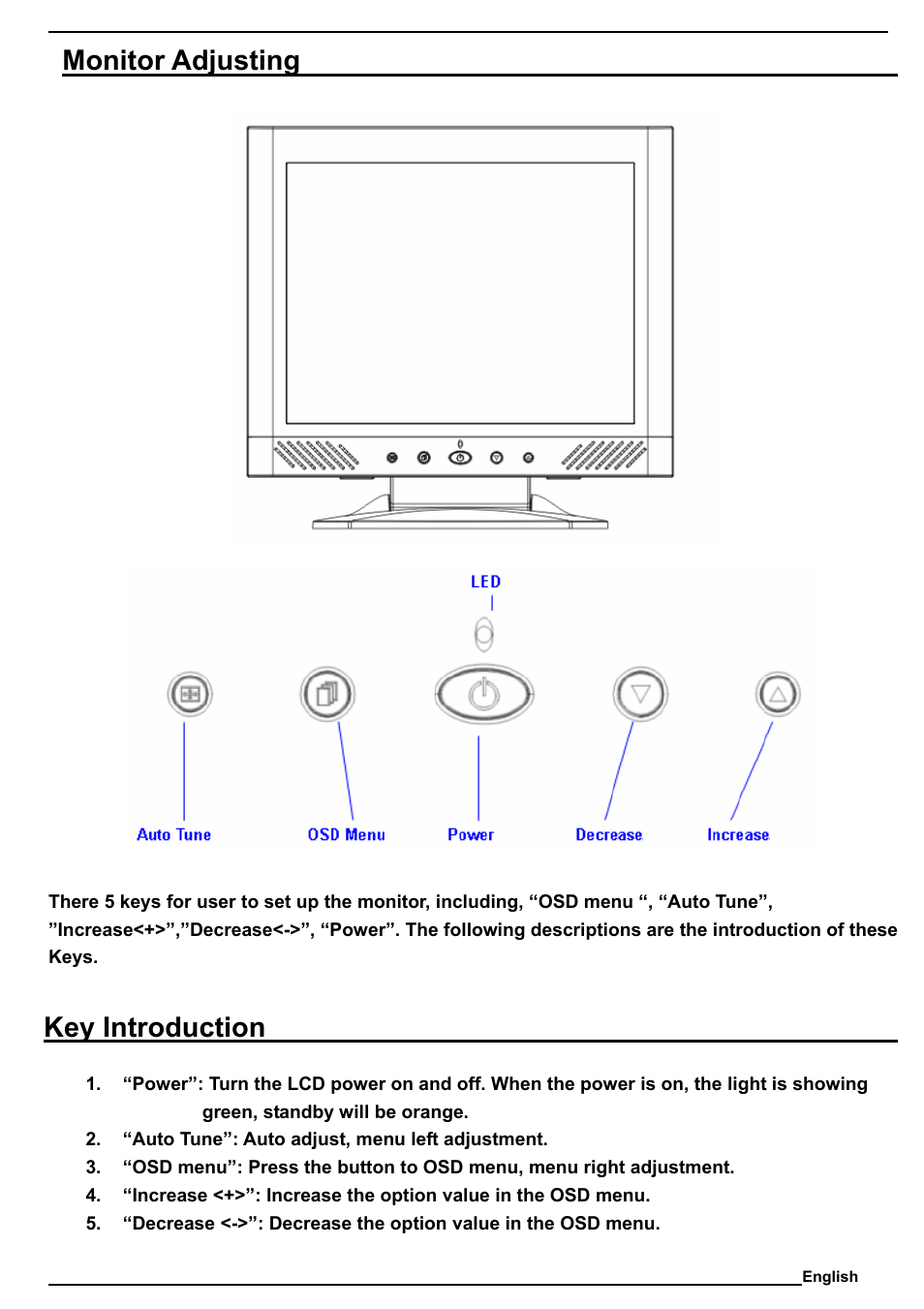 Monitor adjusting, Key introduction, Menu control button | SOYO M15ES User Manual | Page 8 / 12