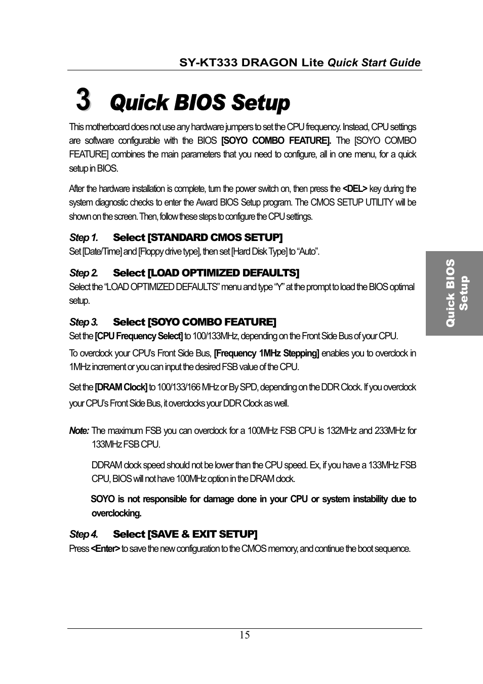 Quick bios setup | SOYO DRAGONLITE SY-KT333 User Manual | Page 15 / 28