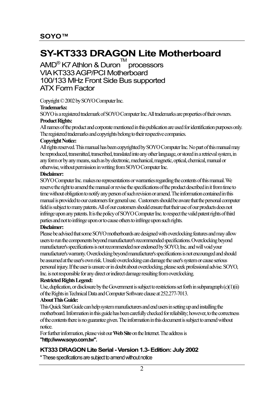 Sy-kt333 dragon lite motherboard | SOYO DRAGONLITE SY-KT333 User Manual | Page 2 / 28