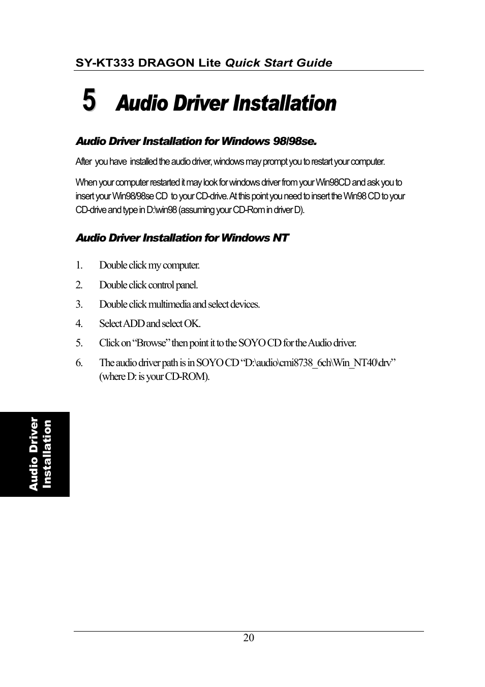 Audio driver installation | SOYO DRAGONLITE SY-KT333 User Manual | Page 20 / 28