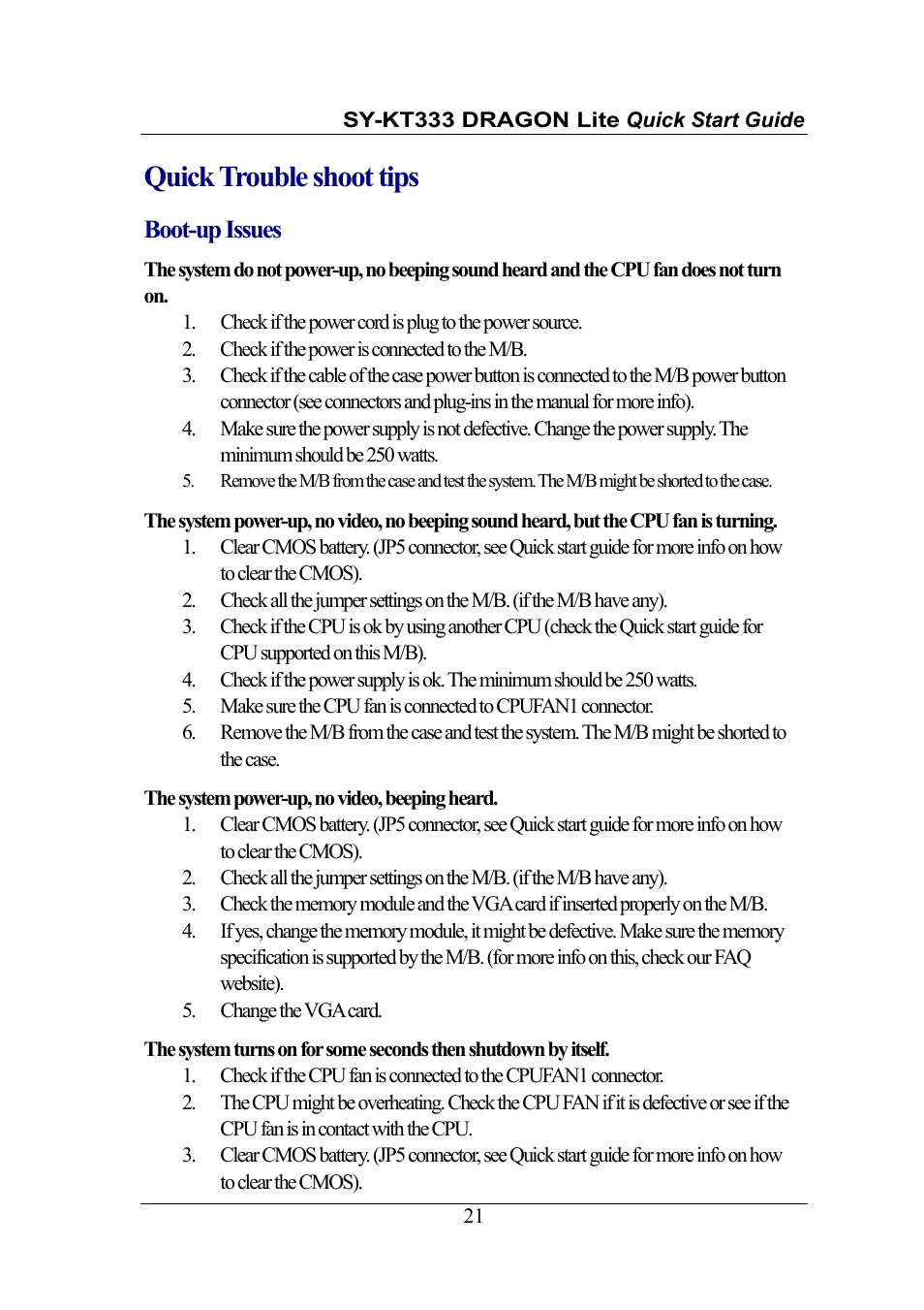 Quick trouble shoot tips, Boot-up issues | SOYO DRAGONLITE SY-KT333 User Manual | Page 21 / 28