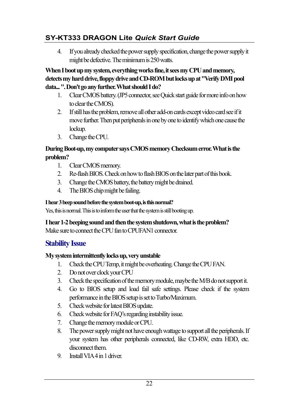 Stability issue | SOYO DRAGONLITE SY-KT333 User Manual | Page 22 / 28