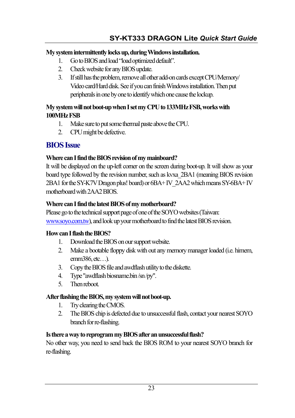 Bios issue | SOYO DRAGONLITE SY-KT333 User Manual | Page 23 / 28