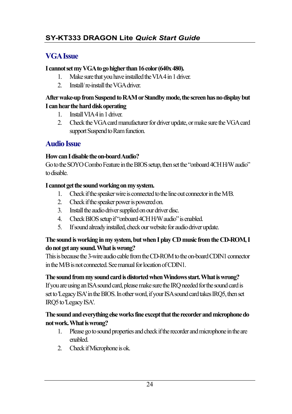 Vga issue, Audio issue | SOYO DRAGONLITE SY-KT333 User Manual | Page 24 / 28