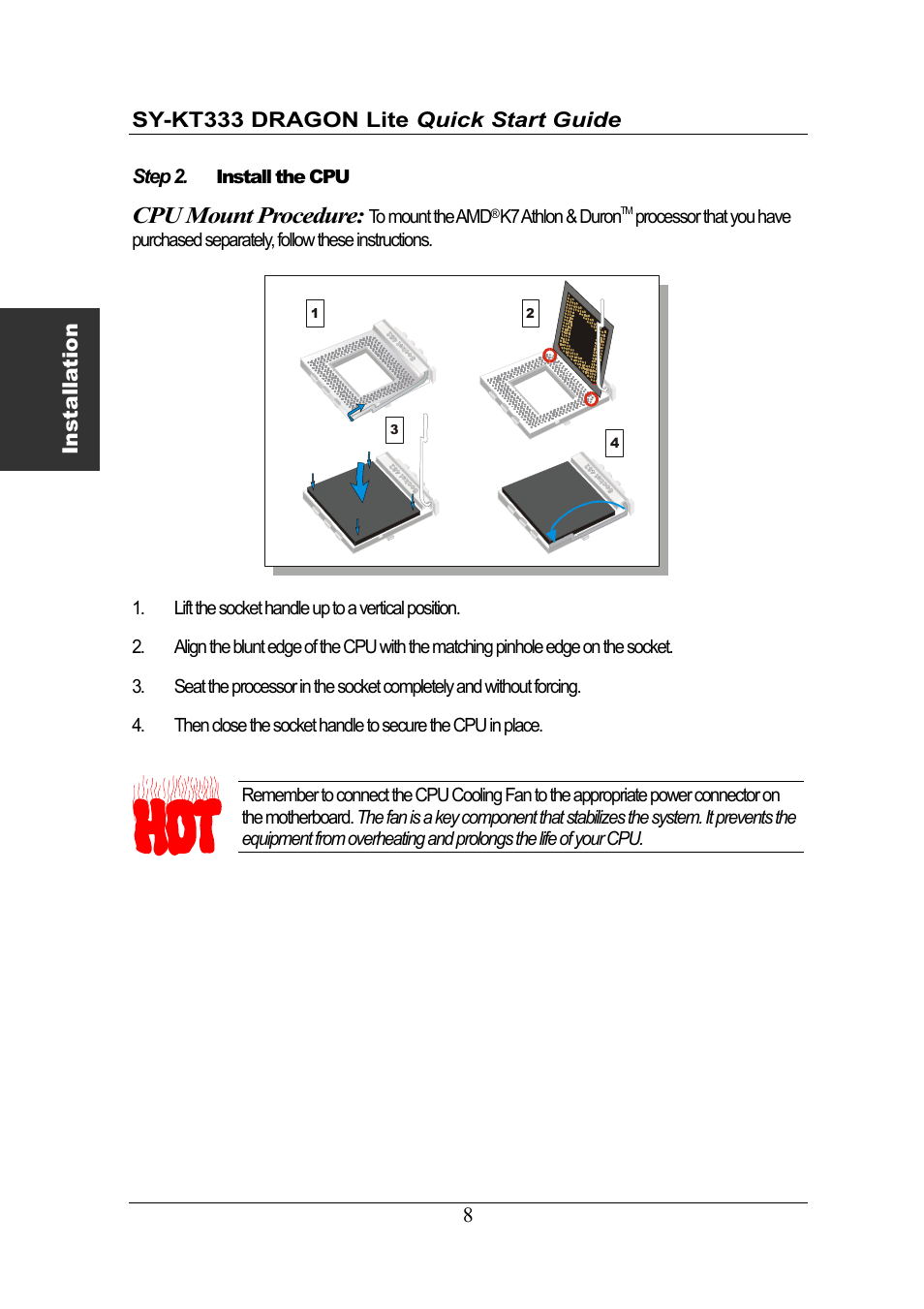 Cpu mount procedure | SOYO DRAGONLITE SY-KT333 User Manual | Page 8 / 28