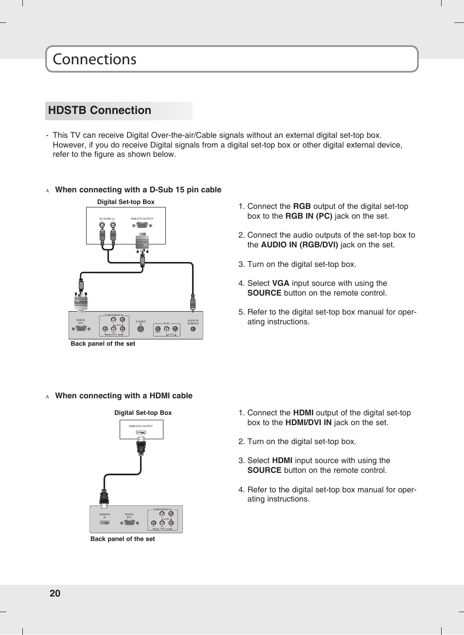 Connections, Hdstb connection, When connecting with a d-sub 15 pin cable | When connecting with a hdmi cable | SOYO MT-SYJCP32B1AB User Manual | Page 20 / 74